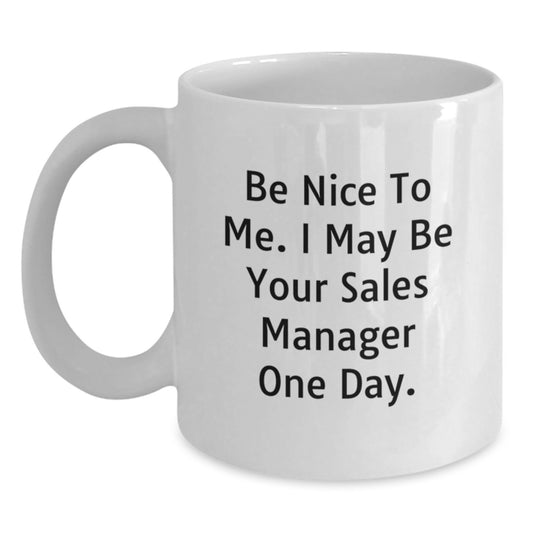 Funny Sales Manager Gifts for Men - White Coffee Mug 'Be Nice To Me' for Coworkers or Family - Main