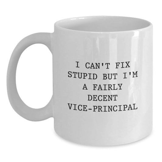 Funny Vice-principal Gifts for Men from Friends, White Coffee Mug - I Can't Fix Stupid But I'm A Fairly Decent Vice-principal, Graduation Unique Gifts - Main