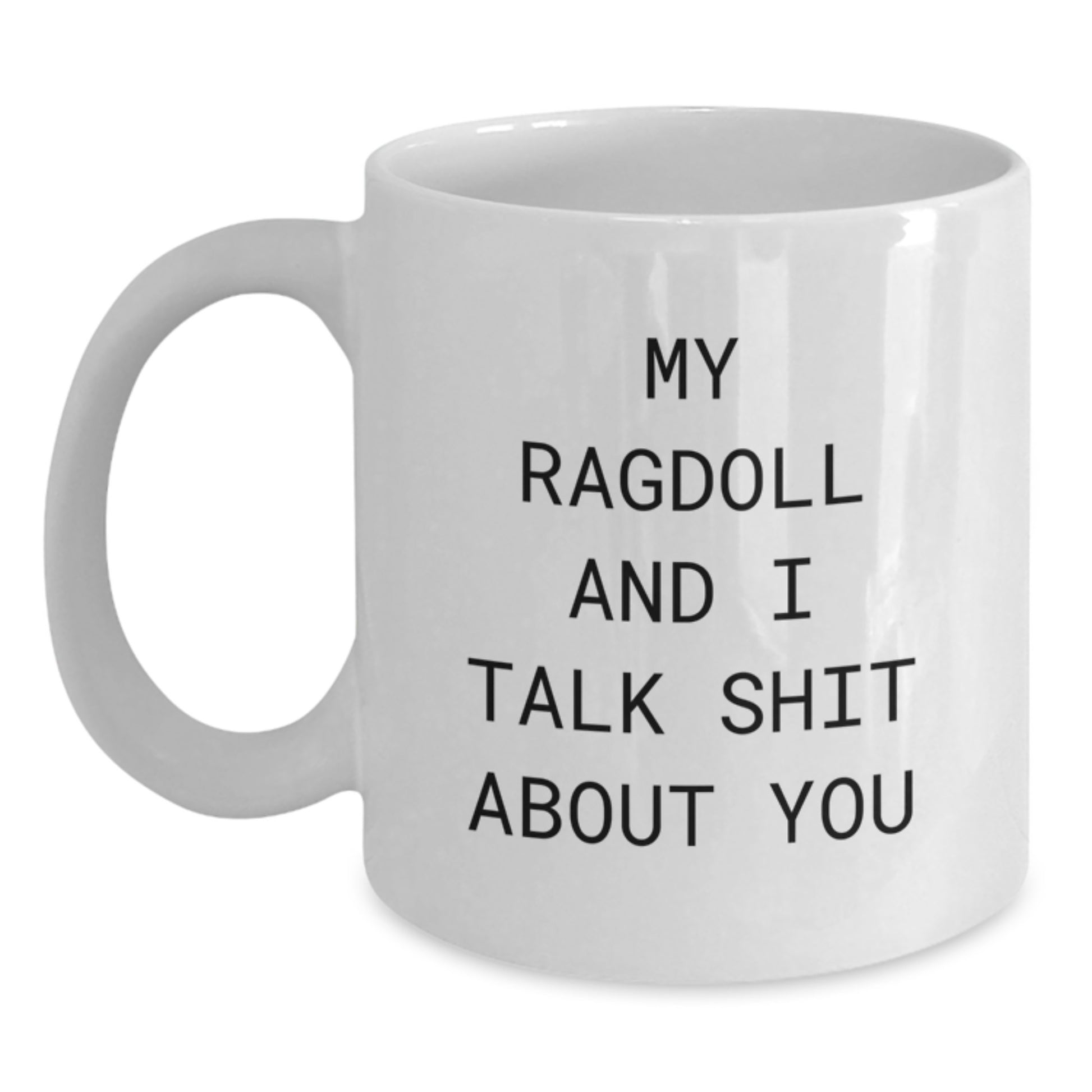 Ragdoll Cat Lovers Gift from Men to Father's Day Unique Funny White Coffee Mug, My Ragdoll And I Talk Shit About You Quote, Ceramic 11oz or 15oz Capacity - Main