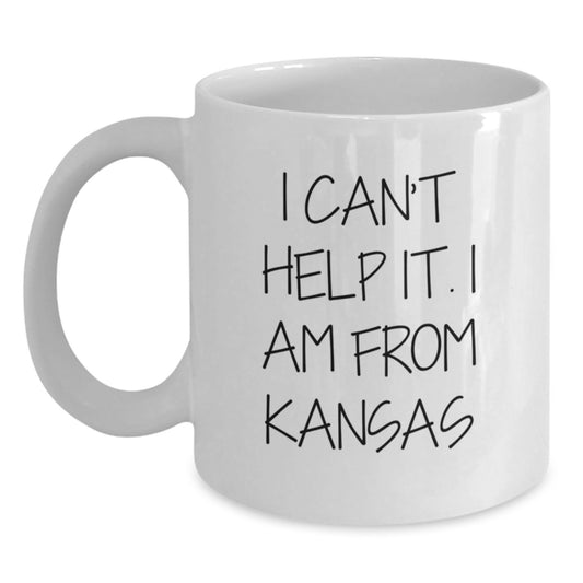 Funny Kansas Gifts from Friends and Family - White Coffee Mug 'I Can't Help It. I Am From Kansas' for Kansas Graduation - Unique Gifts for Men Women Friends Coworkers - Main