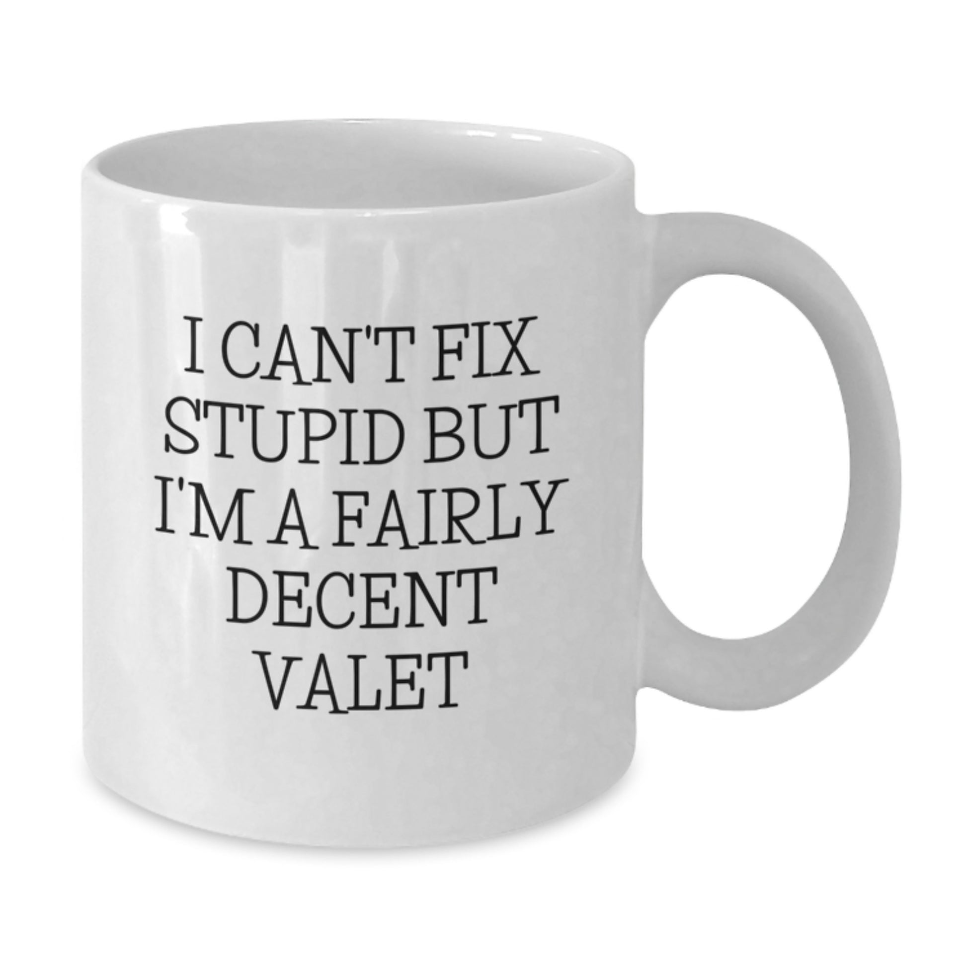 Funny Valet Gifts from Men for Graduation Unique White Coffee Mugs, I 'Can't Fix Stupid But I'm A Fairly Decent Valet', Valet Appreciation - Additional