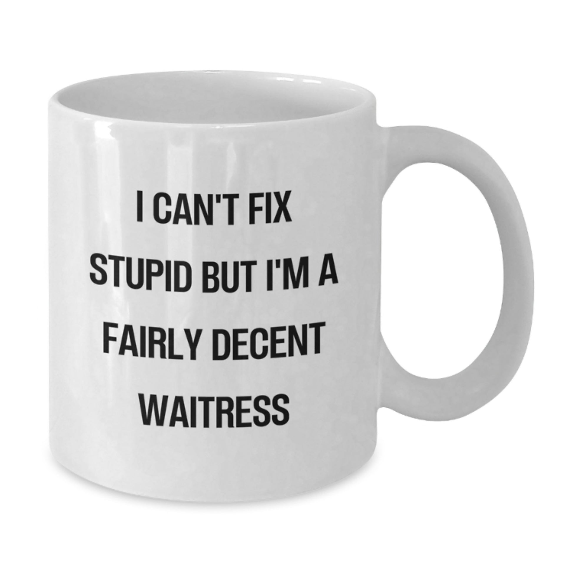 Funny Waitress Gift for Her from Friends - White Coffee Mug - I Can't Fix Stupid But I'm A Fairly Decent Waitress Quote for Graduation Unique Gifts - Additional