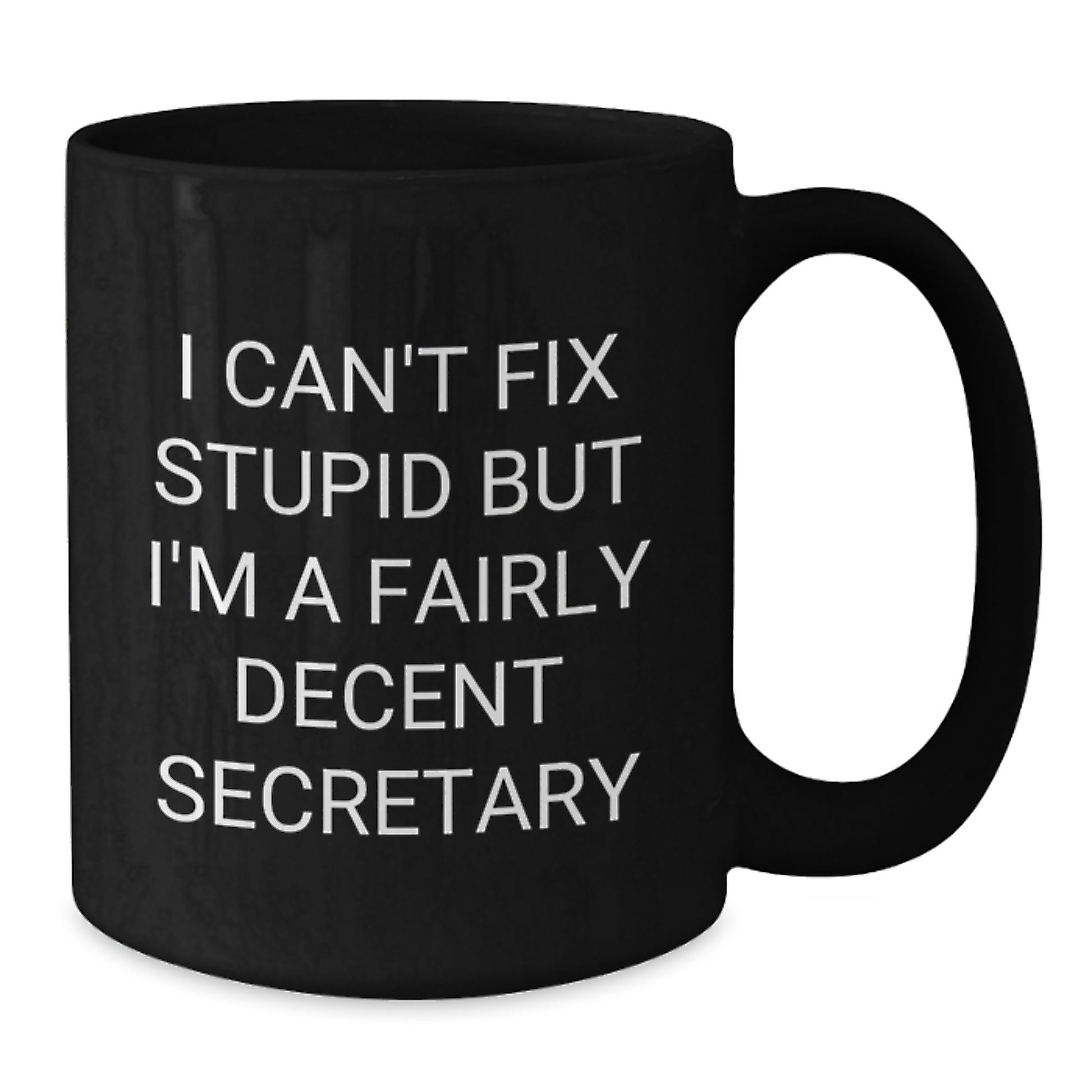 Funny Secretary Gift, Black Coffee Mug for Birthday - 'I Can't Fix Stupid But I'm A Fairly Decent Secretary', Gifts from Friends to Secretary - Additional