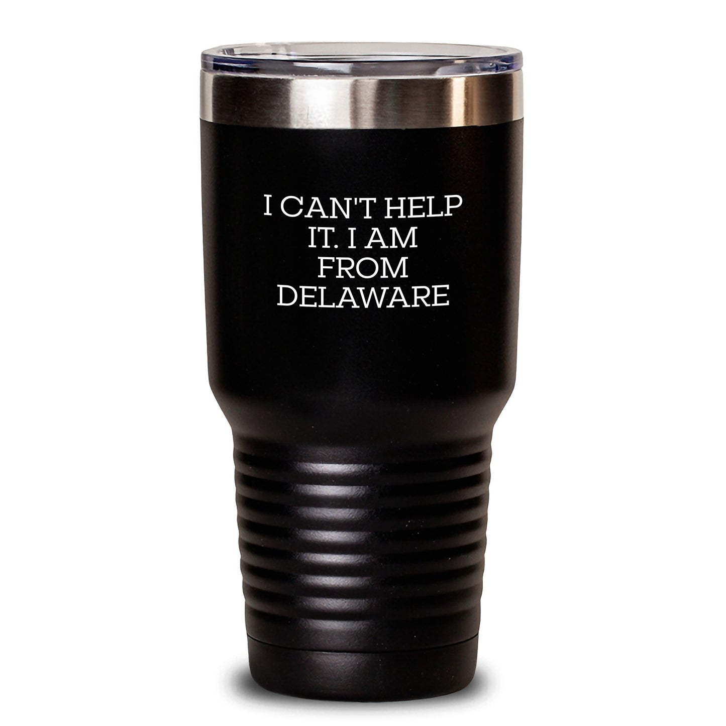 Funny Delaware Gifts for Men from Family, Unique Birthday Tumblers with 'I Can't Help It. I Am From Delaware' Quote, 20oz or 30oz Black Stainless Steel Tumbler - Main