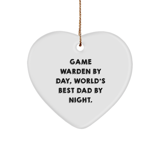 Game Warden Gifts, Heart Ornament, 'Game Warden By Day, World's Best Dad By Night.' Christmas Unique Gift for Him, From Dad to Game Warden, Unique Heart Ornament - Image 1