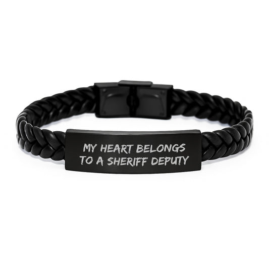 Funny Sheriff Deputy Gifts from Friends, Men, Women - My Heart Belongs To A Sheriff Deputy Interlaced Leather Bracelet for Sheriff Deputies, Christmas Unique Gifts - Image 1