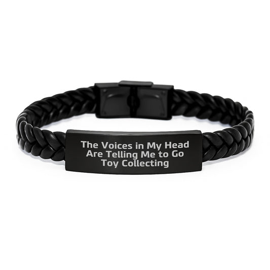 Funny Toy Collecting Gifts for Men - 'The Voices In My Head Are Telling Me To Go Toy Collecting' Engraved Interlaced Leather Bracelet - Christmas Unique Gifts from Friends - Image 1