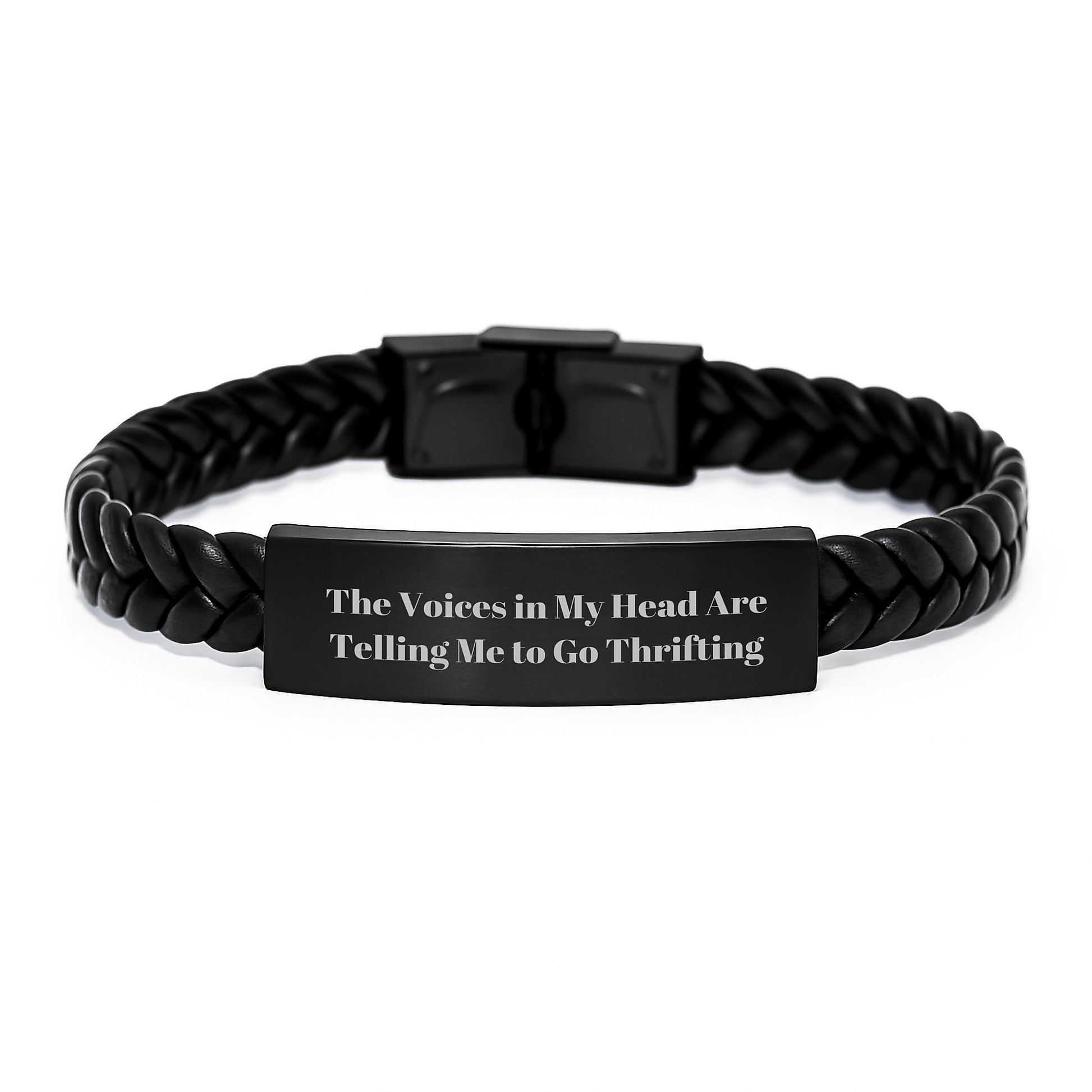 Funny Thrifting Gifts for Friends from Men, 'The Voices In My Head Are Telling Me To Go Thrifting' Interlaced Leather Bracelet for Christmas - Image 1