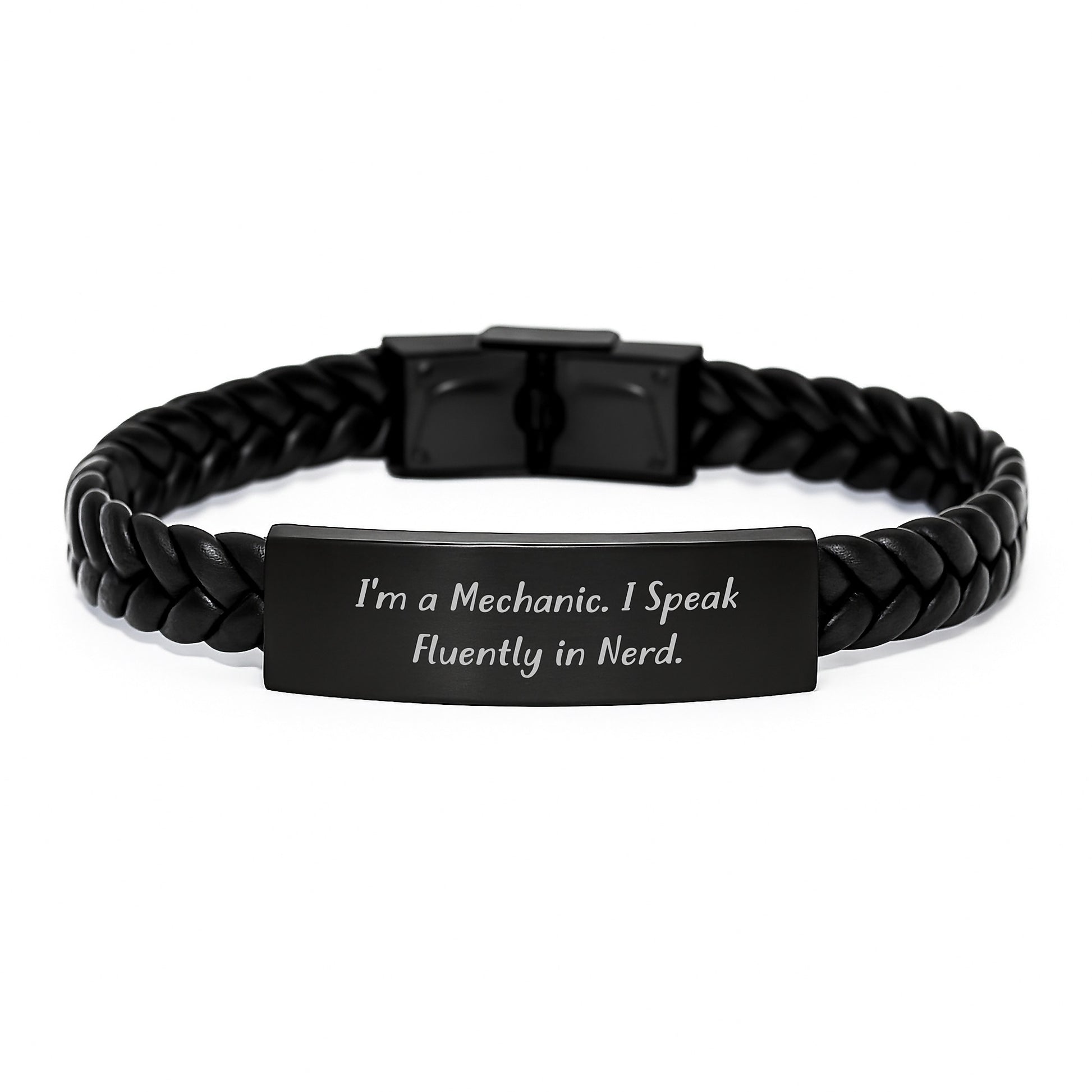 Funny Mechanic Gifts from Friends for Birthday, Interlaced Leather Mechanic Cord, 'I'm A Mechanic. I Speak Fluently In genius.' Quote, Stainless Steel and PU Leather Combo, 7.87 inches - Image 1