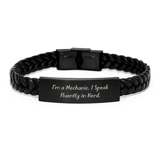 Funny Mechanic Gifts from Friends for Birthday, Interlaced Leather Mechanic Cord, 'I'm A Mechanic. I Speak Fluently In genius.' Quote, Stainless Steel and PU Leather Combo, 7.87 inches - Image 1