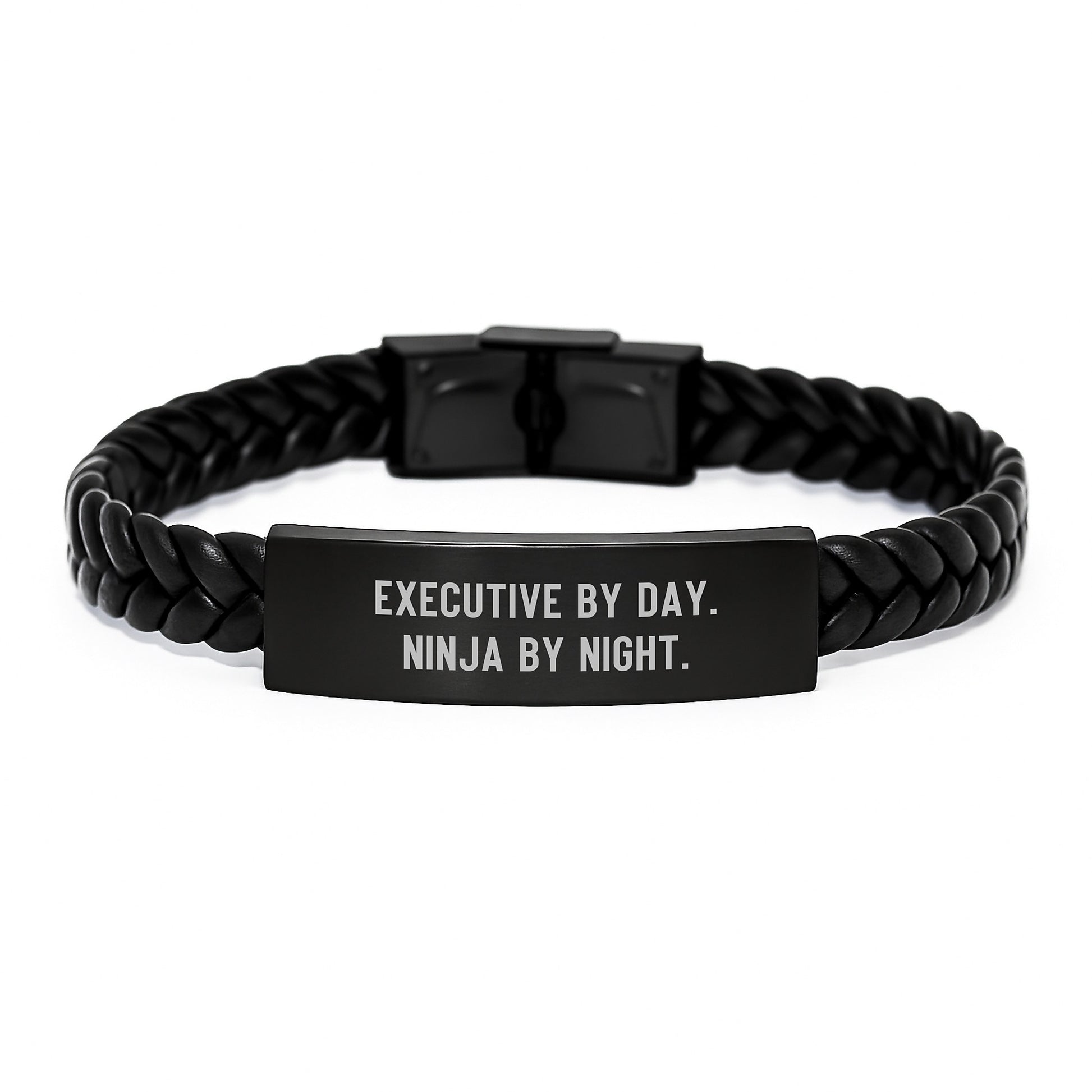 Executive Gifts from Coworkers, Inspirational Interlaced Leather Bracelet for Him, Funny Quote 'Executive By Day. Ninja By Night.' - Unique Graduation Presents for Men - Image 1