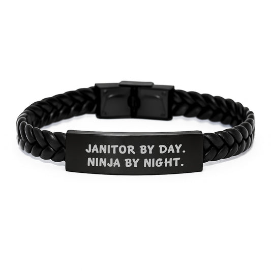 Janitor's Secret Identity Interlaced Leather Gift for Men, Funny Quote 'Janitor By Day. Ninja By Night.', Graduation Unique Gifts from Friends - Image 1