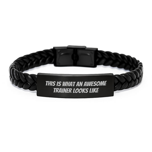 Inspiring Trainer Gifts from Friends for Awesome Trainers - Interlaced Leather Bracelet, Stainless Steel, PU Leather, 7.87 inches, This Is What An Awesome Trainer Looks Like - Image 1