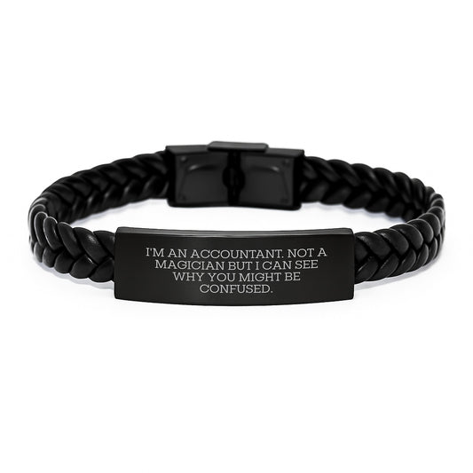 Funny Accountant Gifts from Friends - Interlaced Leather Birthday Wristbands for Men - 'I'm An Accountant. Not A Magician But I Can See Why You Might Be Confused.' - Image 1
