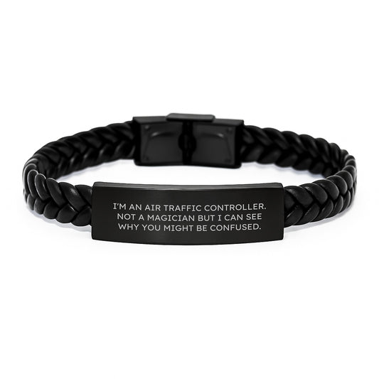 Air Traffic Controller Humor Gifts for Him - Interlaced Leather Bracelet with Engraved Stainless Steel - Funny Birthday Present from Friends or Family - Image 1