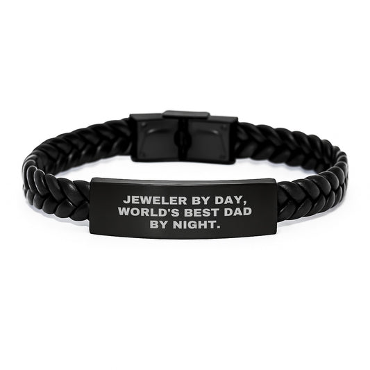 Funny Jeweler Gifts - 'Jeweler By Day, World's Best Dad By Night.' Interlaced Leather Birthday Wonders Gifts from Men to Jeweler - Image 1