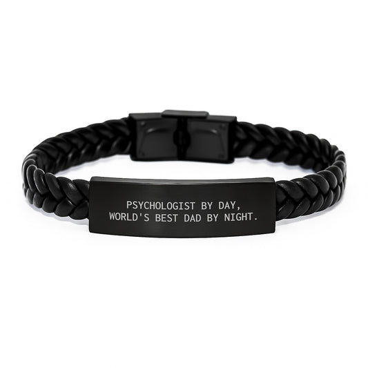 Psychologist Gifts from Men - Funny Quote Interlaced Leather Bracelet for Graduation, 'Psychologist By Day, World's Best Dad By Night.', Unique Men's Jewelry - Image 1