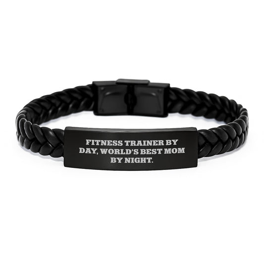 Fitness Trainer Gifts from Mom - 'Fitness Trainer By Day, World's Best Mom By Night.' Interlaced Leather Bracelet, Birthday Unique Gifts for Her - Image 1
