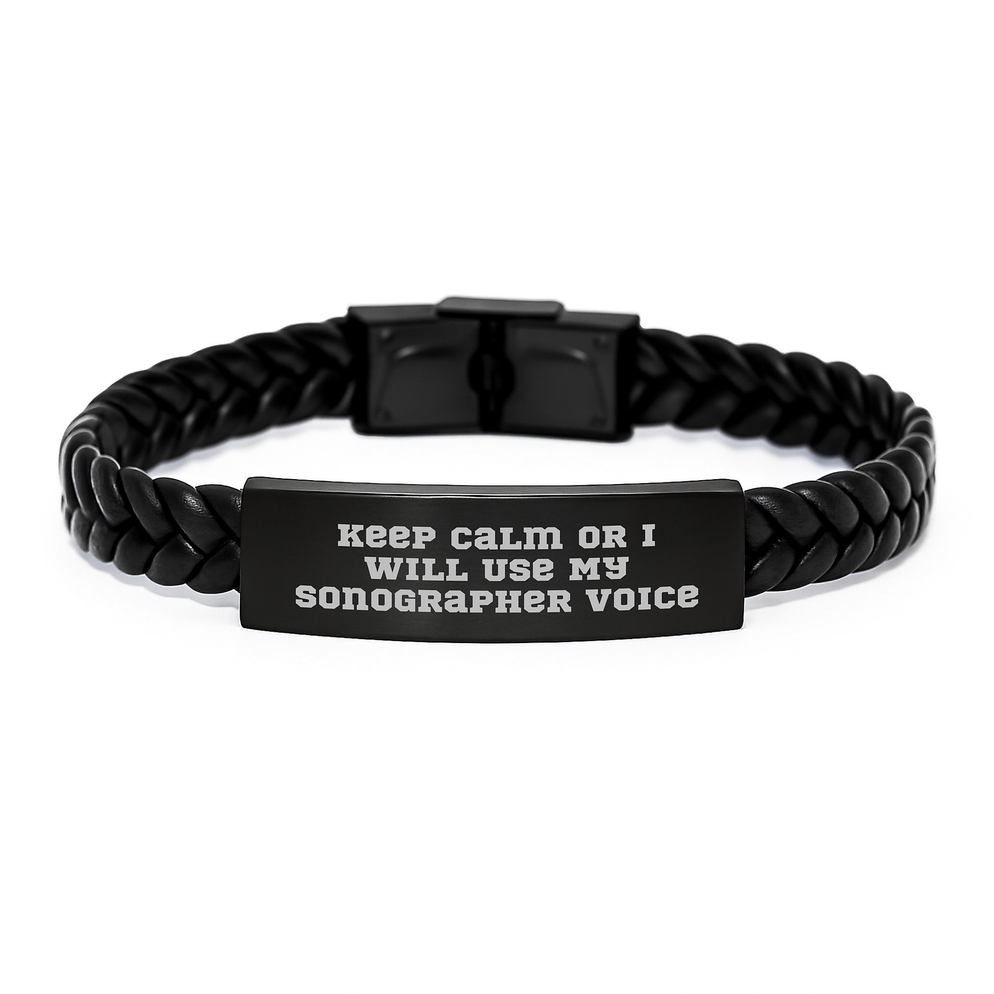 Funny Sonographer Gifts from Men for Dad on Father's Day Unique Interlaced Leather Bracelet Keep Calm Or I Will Use My Sonographer Voice - Image 1