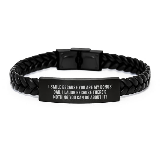 Funny Bonus Dad Gifts from Men, Interlaced Leather Bracelet for Graduation Unique Gifts, I Smile Because You Are My Bonus Dad - Image 1