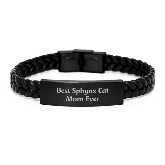 Funny Sphynx Cat Mom Gifts, Interlaced Leather Bracelet for Sphynx Cat Lover Birthday Unique Gifts from Friends, Best 'Sphynx Cat Mom Ever' Quote on Stainless Steel Leather Bracelet - Image 1
