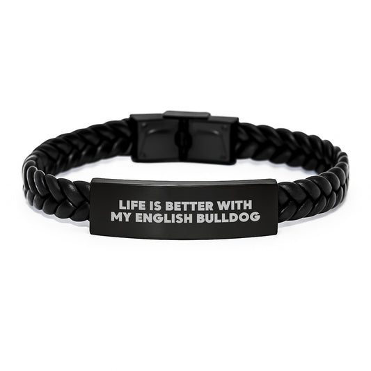 Funny English Bulldog Gifts, Life Is Better With My English Bulldog Interlaced Leather Birthday Presents from Friends to Family - Image 1