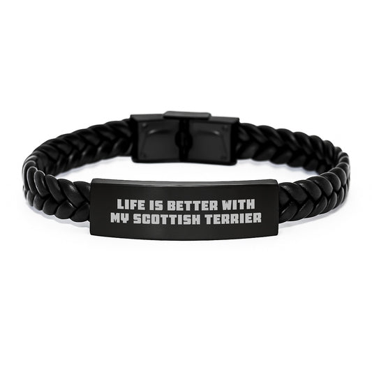 Valentine's Unique Gifts for Men and Women - Scottish Terrier Dog Lover Interlaced Leather Bracelet, Funny Quote Life Is Better With My Scottish Terrier - Image 1