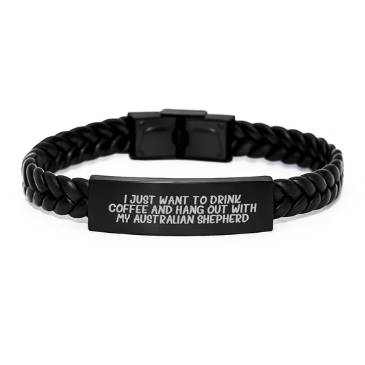 Funny Australian Shepherd Dog Lovers Gifts, Interlaced Leather Bracelet for Men, Engraved Birthday Present from Owner - Image 1