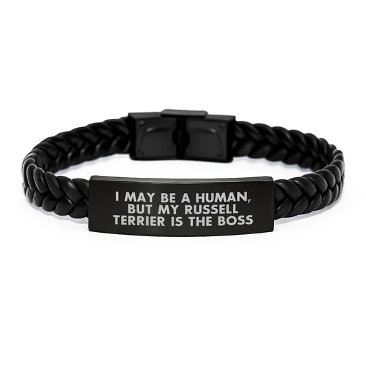 Funny Russell Terrier Dog Gifts for Men Women Friends Family from Russell Terrier Dog Lover Valentine's Unique Gifts Interlaced Leather Bracelet, I May Be A Human, But My Russell Terrier Is The Boss - Image 1