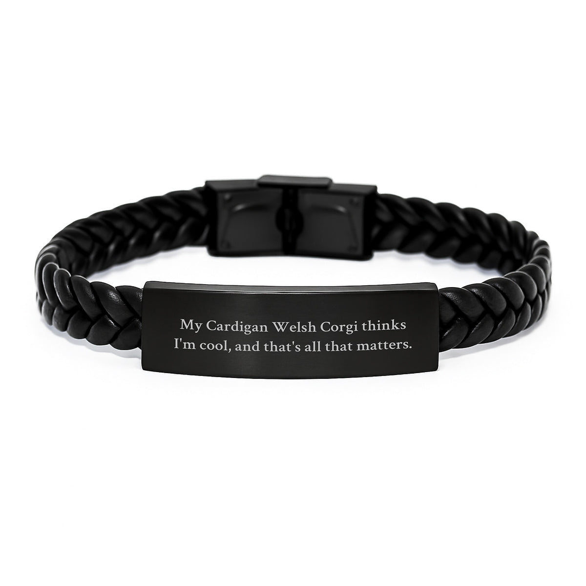Funny Cardigan Welsh Corgi Dog Gifts for Him, Valentine's Unique Interlaced Leather Bracelet, Customized Quote 'My Cardigan Welsh Corgi Thinks I'm Cool, And That's All That Matters.' - Image 1