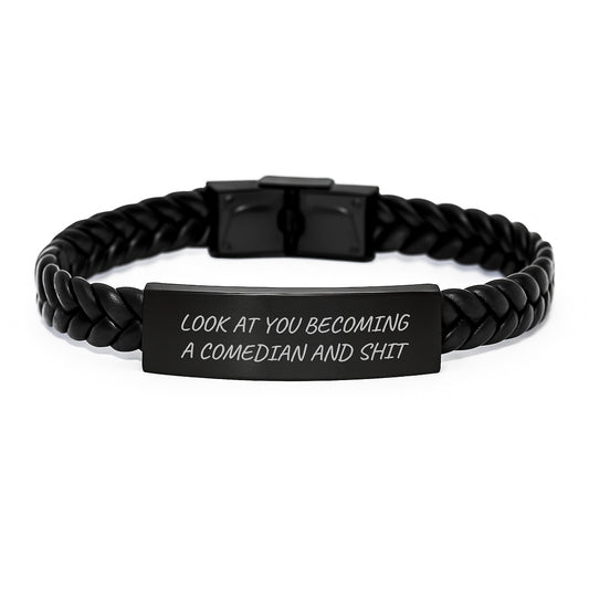 Comedian Interlaced Leather Bracelet, Funny Gift for Comedian Friends by Men, Women, Coworkers - Unique Graduation Celebration - Image 1
