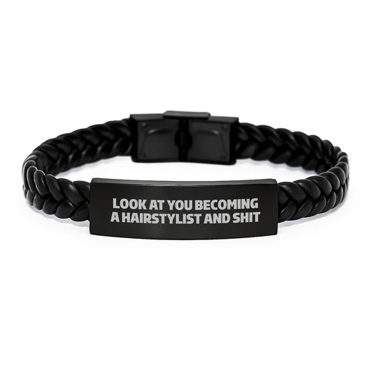 Funny Hairstylist Gifts for Him - Unique Interlaced Leather Bracelet with Inspirational Quote - Gifts from Men to Hairstylist Friends - Mother's Day Unique Gifts - Image 1
