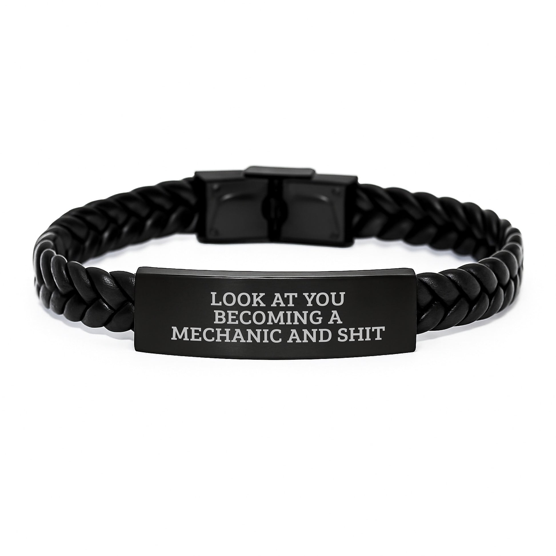Funny Mechanic Gifts for Men, Look At You Becoming A Mechanic And Shit Inscribed Interlaced Leather Bracelet, Gifts from Friends and Family for Graduation Unique - Image 1