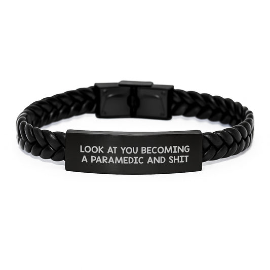 Congratulations Rescue Worker Graduate, Gifts for Rescue Worker Men from Family, Interlaced Leather Bracelet with Funny Quote 'Look At You Becoming A Rescue Worker And Shit' - Image 1