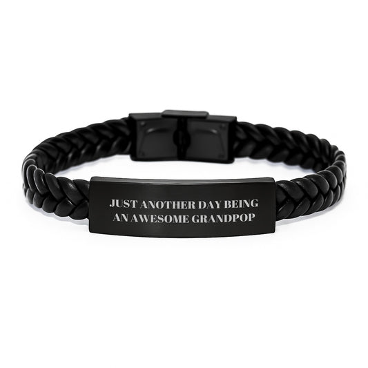 Unique Gifts for Grandpops, Interlaced Leather Bracelets with Funny Quote - Just Another Day Being an Awesome Grandpop, Gifts from Family for Grandpop, Graduation Unique Gifts for Men - Image 1