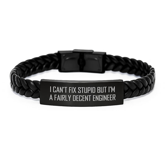 Funny Engineer Gifts from Men, Unique Interlaced Leather Bracelet for Birthday, I Can't Fix Stupid Engineer Quote - Image 1