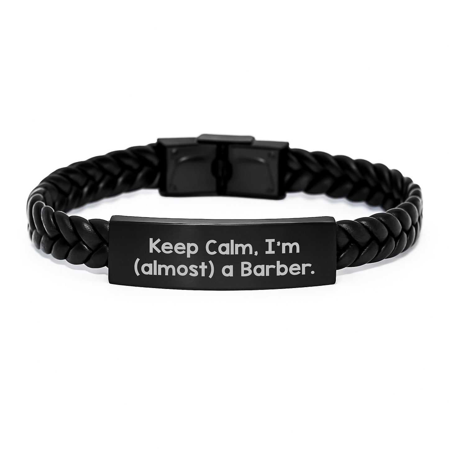 Funny Barber Gifts for Men, Keep Calm I'm Almost a Barber Interlaced Leather Bracelet Christmas Unique Presents - Image 1