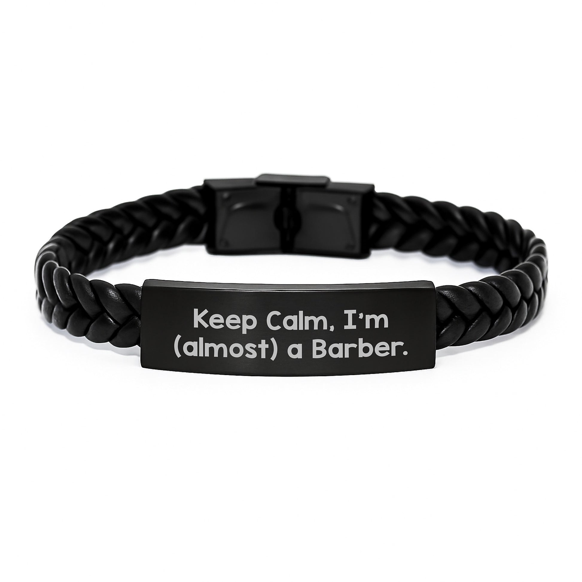 Funny Barber Gifts for Men, Keep Calm I'm Almost a Barber Interlaced Leather Bracelet Christmas Unique Presents - Image 1