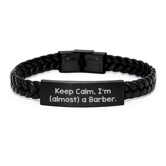Funny Barber Gifts for Men, Keep Calm I'm Almost a Barber Interlaced Leather Bracelet Christmas Unique Presents - Image 1