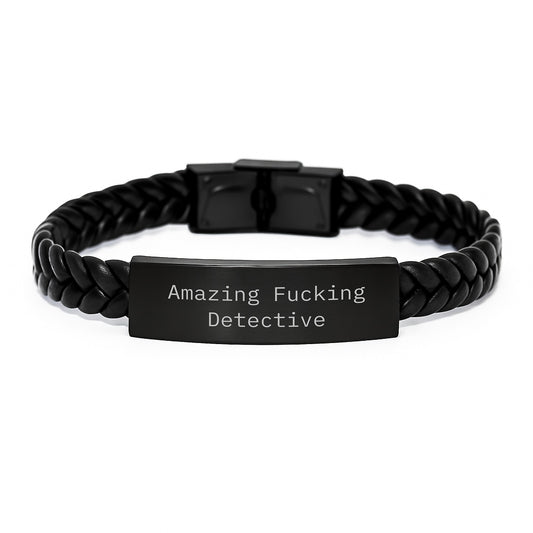 Funny Detective Gifts, Amazing Christmas Unique Gifts for Men, Interlaced Leather Bracelet with Stainless Steel and PU Leather, Inspirational Quote 'Amazing F--king Detective' - Image 1