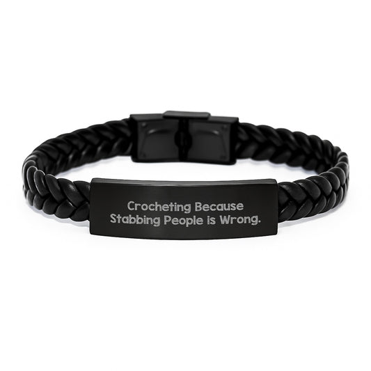 Funny Crocheting Gifts for Men Women Friends Family, Interlaced Leather Bracelet with Stainless Steel, Gift from Coworkers, Perfect for Christmas Unique Presents - Image 1