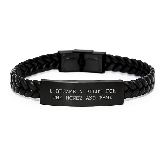 Funny Pilot Gifts, Inspirational Interlaced Leather Bracelet for Men, Christmas Unique Presents, 'I Became A Pilot For The Money And Fame' Quote - Image 1