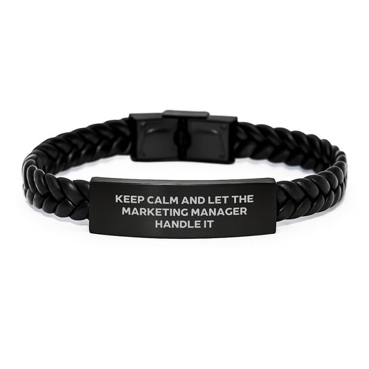 Gifts from Friends to Marketing Manager, 'Keep Calm And Let The Marketing Manager Handle It' Inspirational Interlaced Leather Bracelet for Men, Christmas Unique Gifts - Image 1