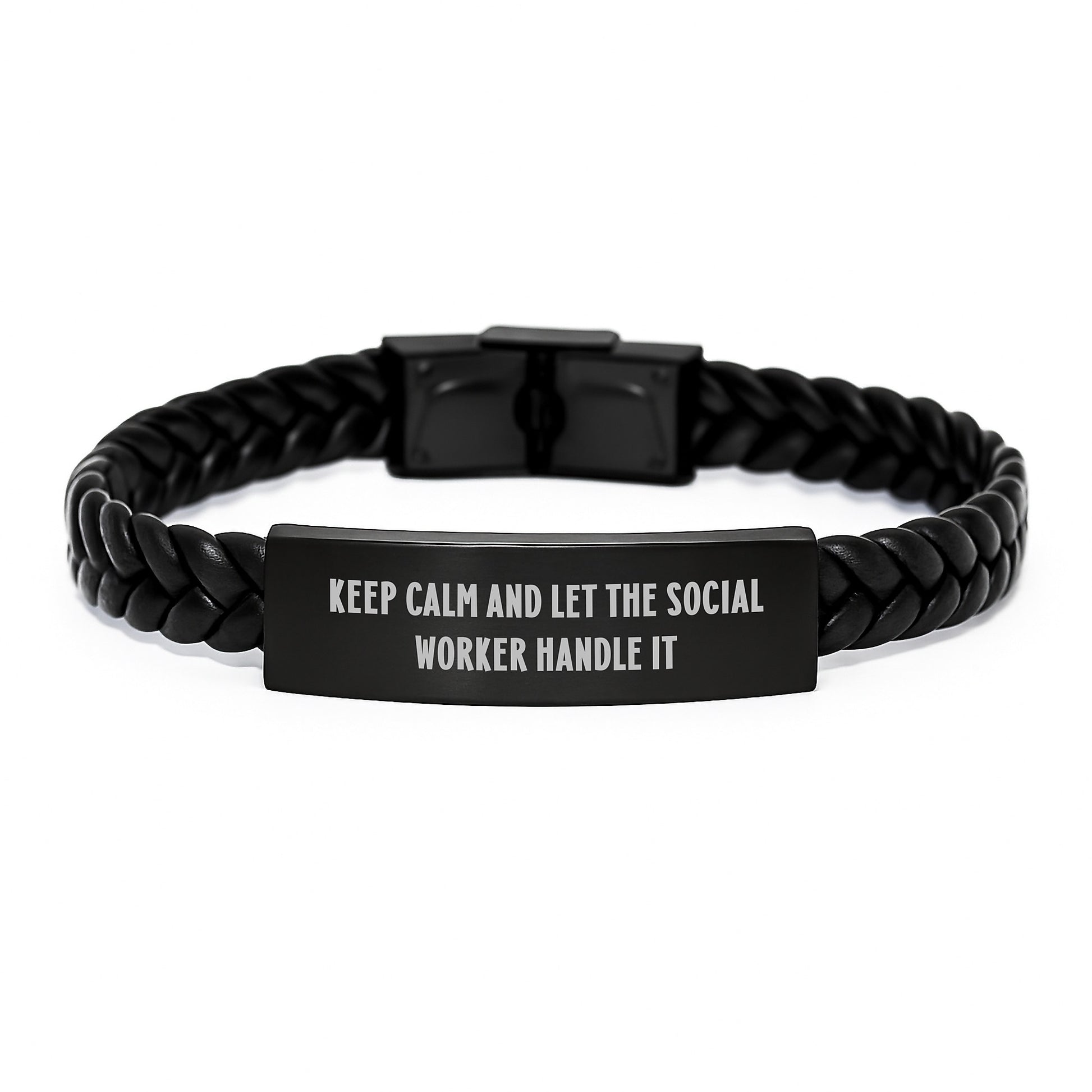 Funny Social Worker Gifts from Friends, Christmas Unique Gifts for Social Worker, Interlaced Leather Bracelet with Quote Keep Calm And Let The Social Worker Handle It - Image 1