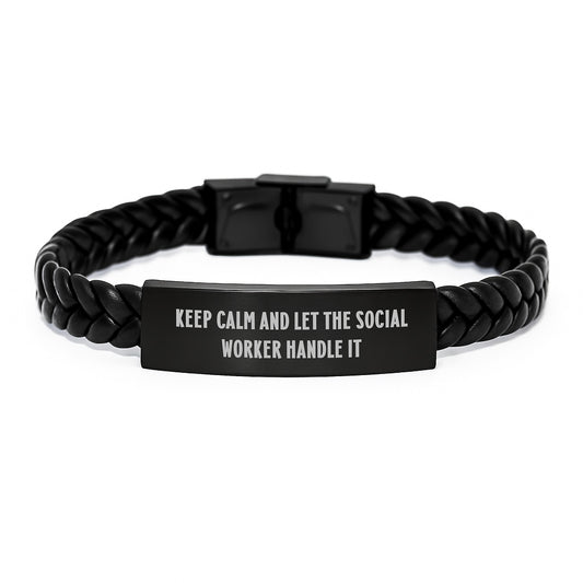 Funny Social Worker Gifts from Friends, Christmas Unique Gifts for Social Worker, Interlaced Leather Bracelet with Quote Keep Calm And Let The Social Worker Handle It - Image 1