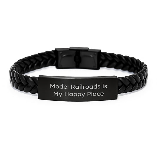 Model Railroads Lover's Gift, Interlaced Leather Bracelet with Stainless Steel Engrave, 'Model Railroads Is My Happy Place', Perfect for Dads on Father's Day - Image 1