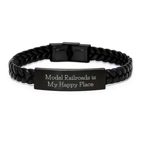 Model Railroads Gifts for Dad with 'Model Railroads Is My Happy Place' Quote Leather Bracelet for Men - Image 1