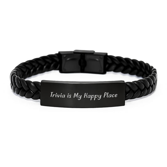 Funny Trivia Enthusiast Gifts from Friends for Men Trivia Is My Happy Place Interlaced Leather Bracelet - Image 1