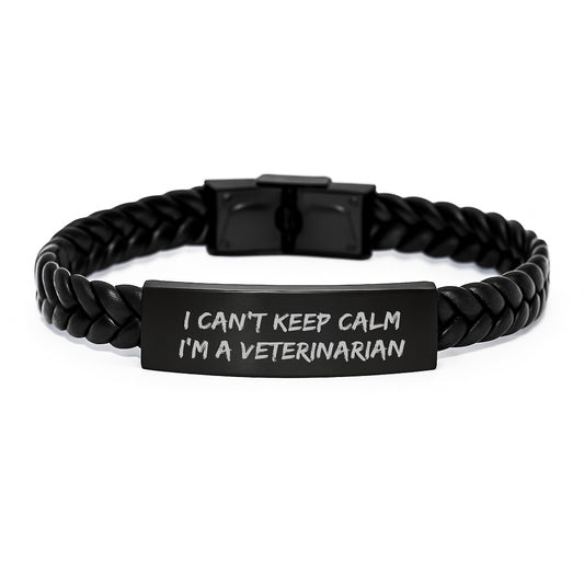 Funny Veterinarian Gifts for Men, Interlaced Leather Bracelet with I Cant Keep Calm I'm A Veterinarian Quote, Unique Christmas Memorable Presents - Image 1