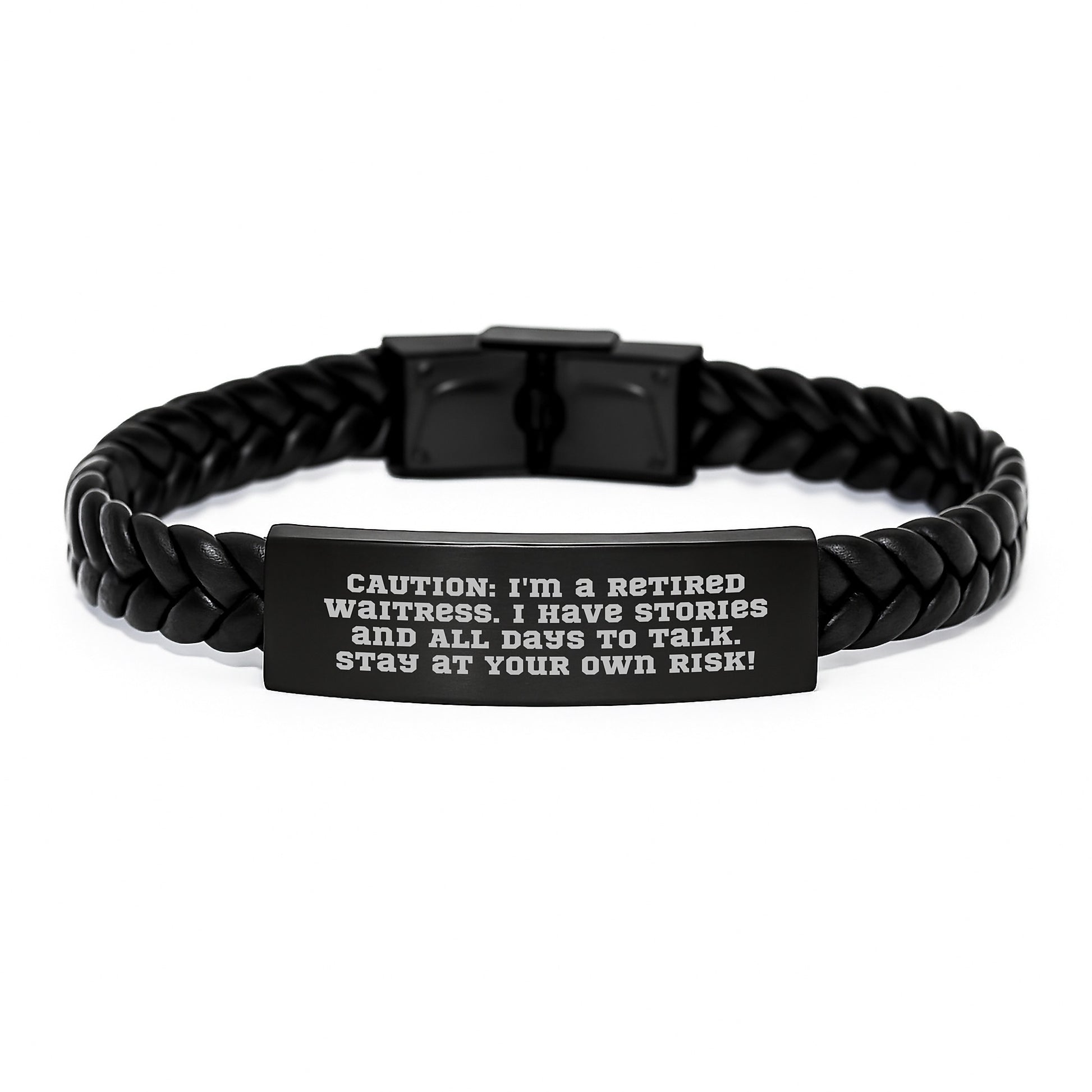 Waitress Gifts, Funny Interlaced Leather Bracelet for Graduation, 'Caution: I'm A Retired Waitress...' Unique Leather Cuff from Friends, Coworkers, Family - Image 1